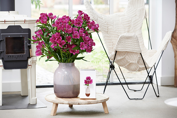 Roze Alstroemeria's in een vaas op een houten tafel in een lichte woonkamer.