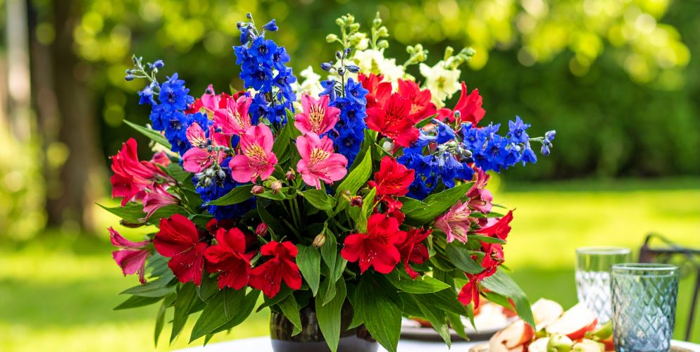 Firefly_A bouquet with mainly red and fuchsia Alstroemeria, Gloriosa, blue Delphinium, lime g 46946